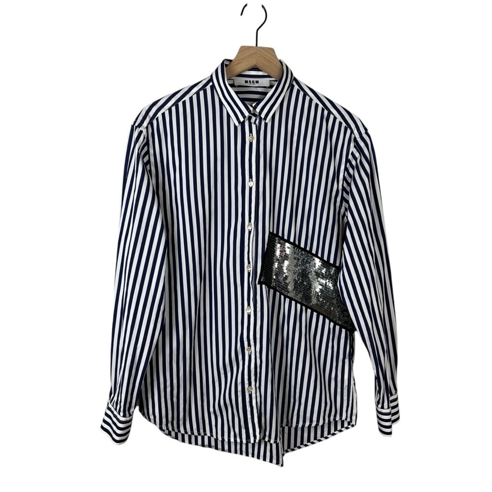 MSGM Italy Blue Striped Embellished Button Front Shirt